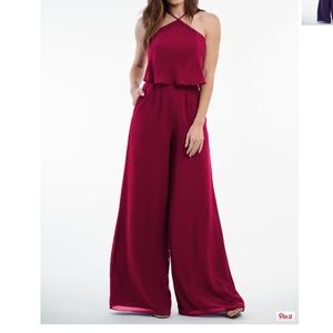 Halter Neckline Wide Leg Jumpsuit: Berry